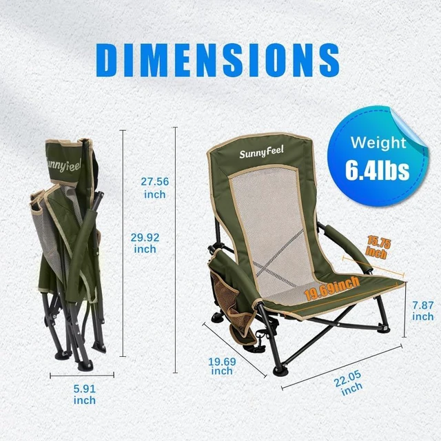 Alt view image 3 of 7 - Low Folding Beach Camping Chairs 2 Pack Portable Backpacking Chairs with Mesh Back & Cup Holder, Heavy Duty 300 LBS for Adults, Outdoor Picnic, Fishing, Concert & Lawn (2pcGreen)