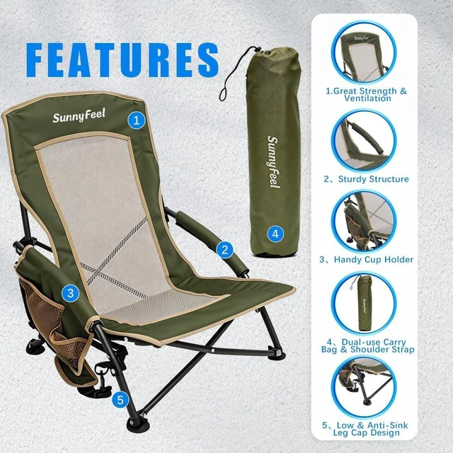 Alt view image 4 of 7 - Low Folding Beach Camping Chairs 2 Pack Portable Backpacking Chairs with Mesh Back & Cup Holder, Heavy Duty 300 LBS for Adults, Outdoor Picnic, Fishing, Concert & Lawn (2pcGreen)