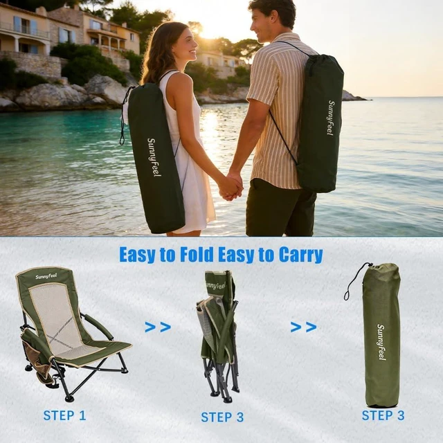 Alt view image 5 of 7 - Low Folding Beach Camping Chairs 2 Pack Portable Backpacking Chairs with Mesh Back & Cup Holder, Heavy Duty 300 LBS for Adults, Outdoor Picnic, Fishing, Concert & Lawn (2pcGreen)