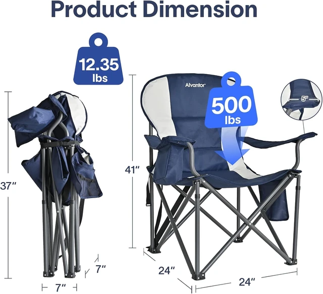 Alt view image 3 of 7 - 500 LBS Heavy Duty Oversized Folding Camping Chair with Padded 600D Nylon Seat & Insulated Cooler Pocket, Portable for Hiking, Sports & Backyard