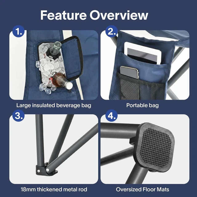 Alt view image 7 of 7 - 500 LBS Heavy Duty Oversized Folding Camping Chair with Padded 600D Nylon Seat & Insulated Cooler Pocket, Portable for Hiking, Sports & Backyard