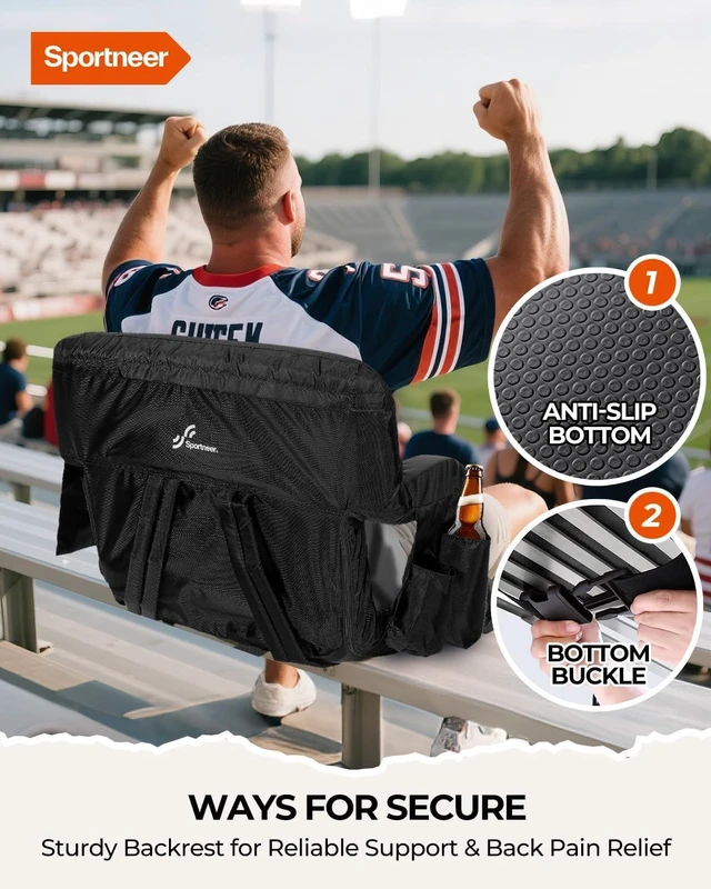 Alt view image 5 of 7 - Stadium Seat with Back Support & 2.5'' Thick Cushion, 6 Adjustable Angle Bleacher Seat with Armrest, 2 Large Pockets & 2 Cup Holders for Sport Events, Concerts & Parks