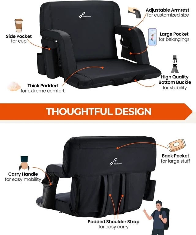 Alt view image 7 of 7 - Stadium Seat with Back Support & 2.5'' Thick Cushion, 6 Adjustable Angle Bleacher Seat with Armrest, 2 Large Pockets & 2 Cup Holders for Sport Events, Concerts & Parks