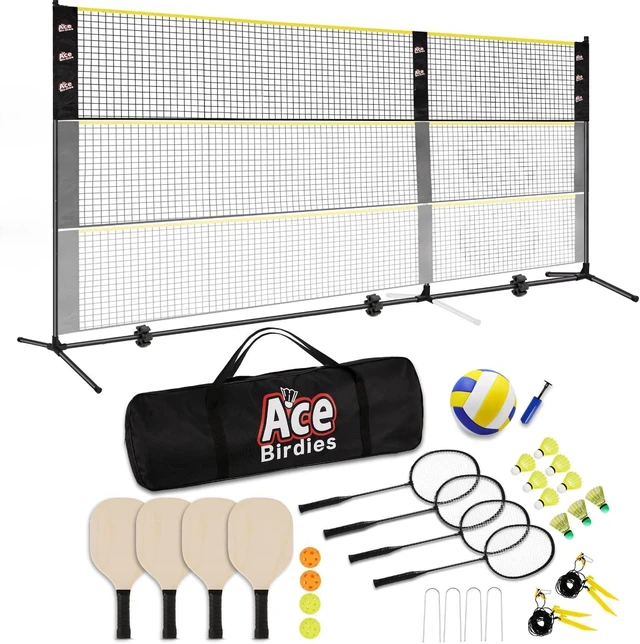 Main image of Complete Badminton Set (10FT/17FT) with Adjustable Width & Height (2.8/5.1/7.4FT), Pickleball & Volleyball Net, 4 Rackets + 4 Paddles + Volleyball for Outdoor Family Game