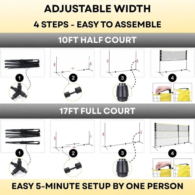 Alt view image 2 of 6 - Complete Badminton Set (10FT/17FT) with Adjustable Width & Height (2.8/5.1/7.4FT), Pickleball & Volleyball Net, 4 Rackets + 4 Paddles + Volleyball for Outdoor Family Game