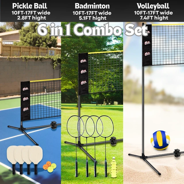 Alt view image 3 of 6 - Complete Badminton Set (10FT/17FT) with Adjustable Width & Height (2.8/5.1/7.4FT), Pickleball & Volleyball Net, 4 Rackets + 4 Paddles + Volleyball for Outdoor Family Game