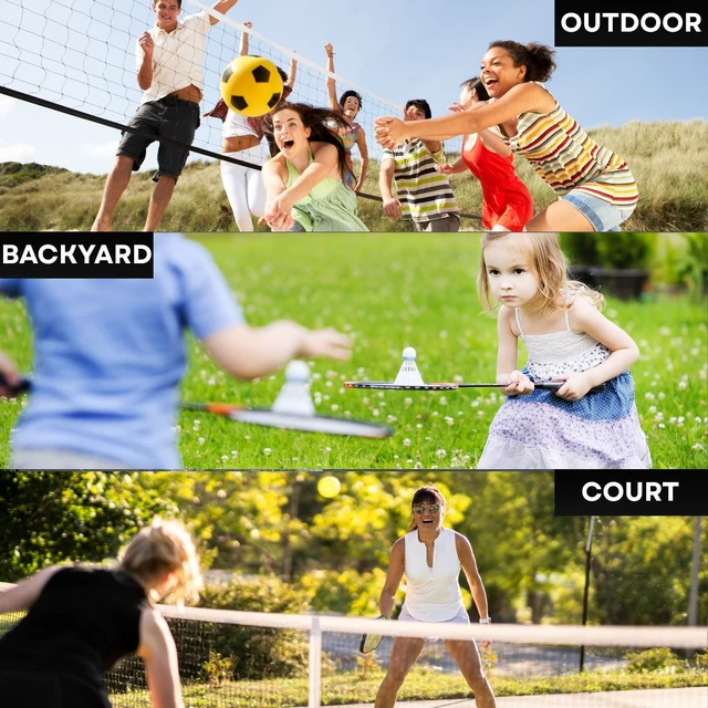 Alt view image 4 of 6 - Complete Badminton Set (10FT/17FT) with Adjustable Width & Height (2.8/5.1/7.4FT), Pickleball & Volleyball Net, 4 Rackets + 4 Paddles + Volleyball for Outdoor Family Game