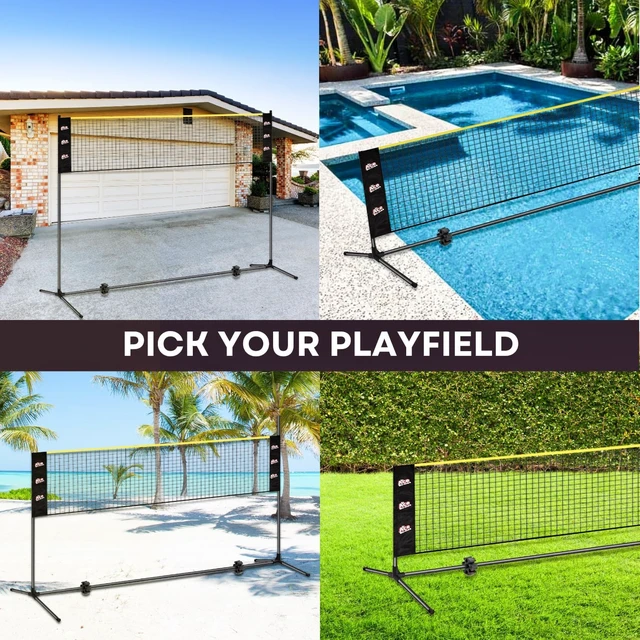 Alt view image 5 of 6 - Complete Badminton Set (10FT/17FT) with Adjustable Width & Height (2.8/5.1/7.4FT), Pickleball & Volleyball Net, 4 Rackets + 4 Paddles + Volleyball for Outdoor Family Game