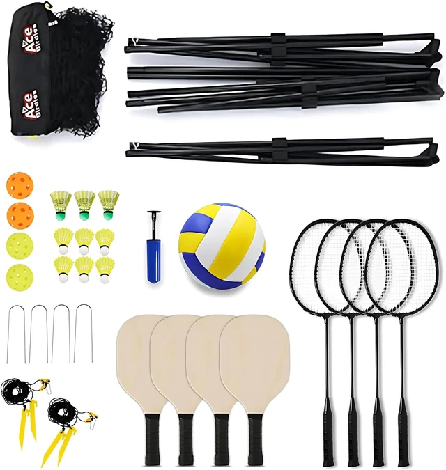 Alt view image 6 of 6 - Complete Badminton Set (10FT/17FT) with Adjustable Width & Height (2.8/5.1/7.4FT), Pickleball & Volleyball Net, 4 Rackets + 4 Paddles + Volleyball for Outdoor Family Game