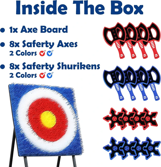Alt view image 4 of 7 - 5FT Tall Backyard Axe Throwing Game with 24" x 24" Bristle Target, 8 Axes & 8 Throwing Stars, Foldable Steel Frame, Indoor/Outdoor Games for Adults, Kids & Family