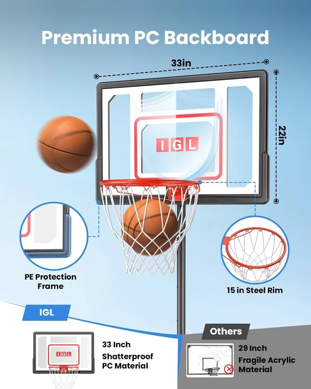 Alt view image 4 of 7 - 33 Inch Adjustable Portable Kids Basketball Hoop with PC Backboard, Fillable Base & 40 lb Weight Ball for Backyard & Driveway