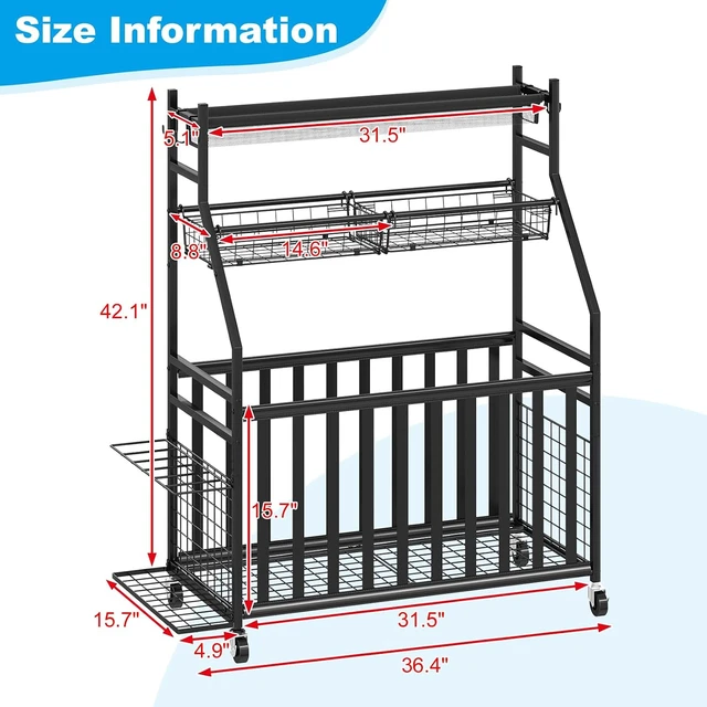 Alt view image 7 of 7 - Rolling Garage Sports Equipment Organizer with Ball Basket, Mesh Pocket, Baseball Bat Rack & Hooks, Toy Storage Cart, Black