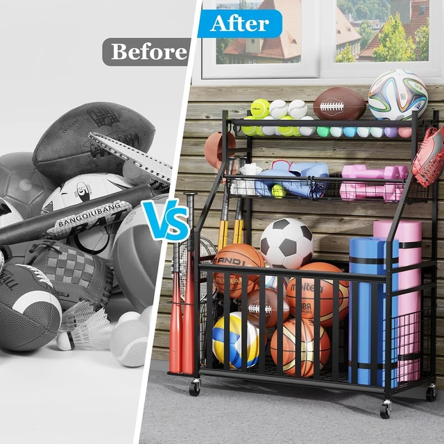 Alt view image 6 of 7 - Rolling Garage Sports Equipment Organizer with Ball Basket, Mesh Pocket, Baseball Bat Rack & Hooks, Toy Storage Cart, Black