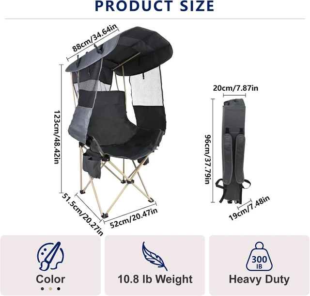 Alt view image 2 of 6 - Heavy Duty Folding Camping Chair with Canopy & Umbrella, Portable Outdoor Beach Lawn Chair for Adults, Fishing & Camp, (Regular, Grey)
