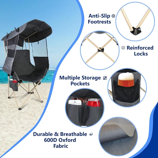 Alt view image 3 of 6 - Heavy Duty Folding Camping Chair with Canopy & Umbrella, Portable Outdoor Beach Lawn Chair for Adults, Fishing & Camp, (Regular, Grey)