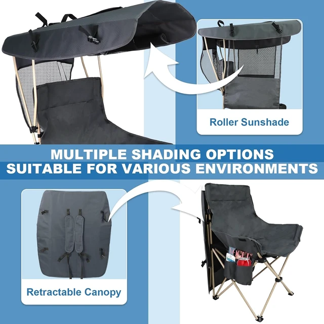 Alt view image 6 of 6 - Heavy Duty Folding Camping Chair with Canopy & Umbrella, Portable Outdoor Beach Lawn Chair for Adults, Fishing & Camp, (Regular, Grey)