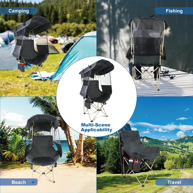 Alt view image 4 of 6 - Heavy Duty Folding Camping Chair with Canopy & Umbrella, Portable Outdoor Beach Lawn Chair for Adults, Fishing & Camp, (Regular, Grey)