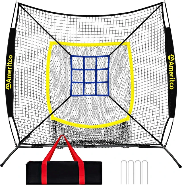 Main image of 7x7ft Baseball Training Net with Strike Zone & Large Pocket for Hitting, Batting, Pitching & Throwing, Scratch-Resistant Base, Indoor/Outdoor for All Levels