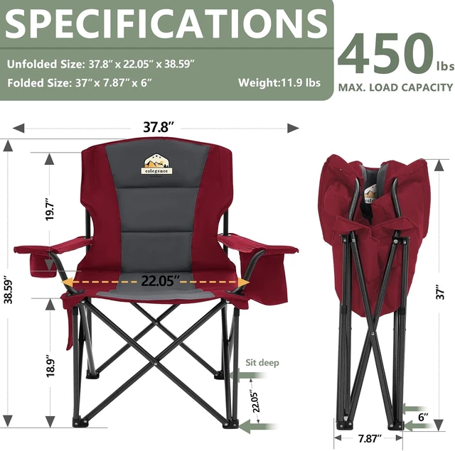 Alt view image 3 of 7 - 2 Pack Oversized Heavy Duty Camping Chairs, 450 lb, Red