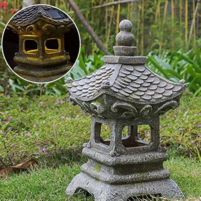 Main image of 14 Inch Asian Solar Zen Pagoda Garden Statue, Outdoor Japanese Lantern for Home Garden Landscape Décor (14 inch Pagoda)