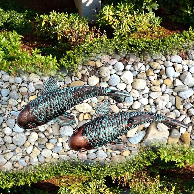 Main image of Set of 2 Antique Koi Fish Garden Sculptures & Statues, Yard Art Decor for Outdoors, Patio, Yard, Lawn, Pond & Home (Bronz)