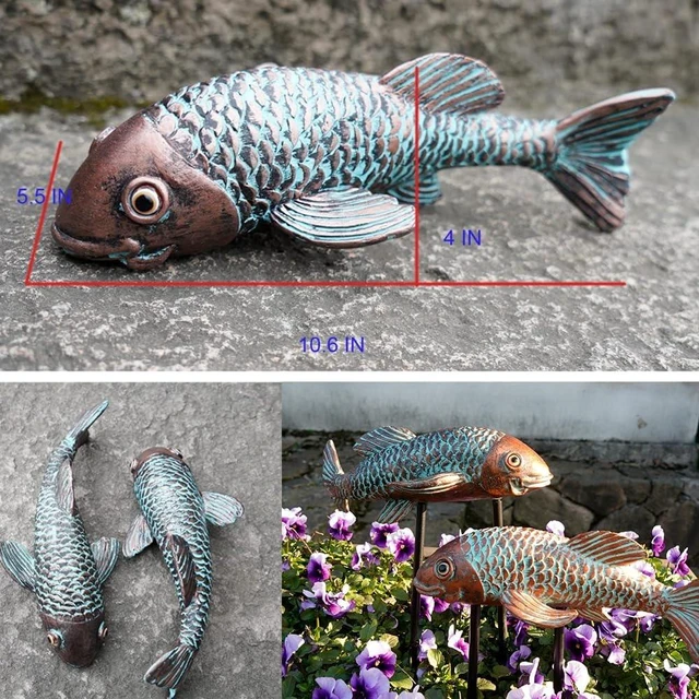 Alt view image 4 of 7 - Set of 2 Antique Koi Fish Garden Sculptures & Statues, Yard Art Decor for Outdoors, Patio, Yard, Lawn, Pond & Home (Bronz)