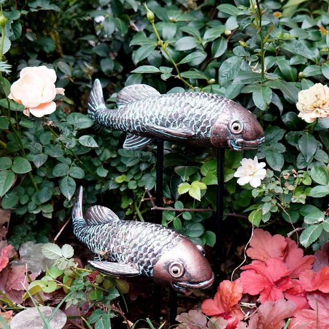 Alt view image 3 of 7 - Set of 2 Antique Koi Fish Garden Sculptures & Statues, Yard Art Decor for Outdoors, Patio, Yard, Lawn, Pond & Home (Bronz)
