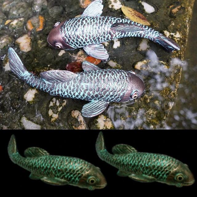 Alt view image 7 of 7 - Set of 2 Antique Koi Fish Garden Sculptures & Statues, Yard Art Decor for Outdoors, Patio, Yard, Lawn, Pond & Home (Bronz)