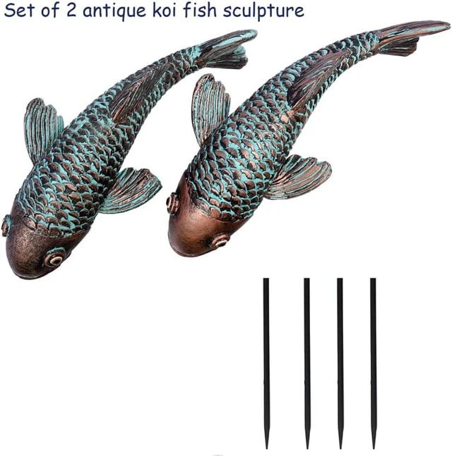 Alt view image 5 of 7 - Set of 2 Antique Koi Fish Garden Sculptures & Statues, Yard Art Decor for Outdoors, Patio, Yard, Lawn, Pond & Home (Bronz)