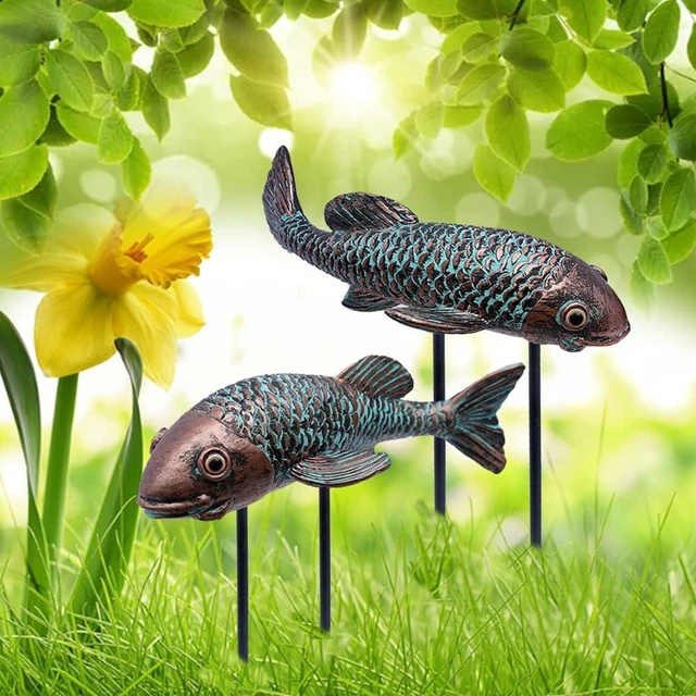 Alt view image 6 of 7 - Set of 2 Antique Koi Fish Garden Sculptures & Statues, Yard Art Decor for Outdoors, Patio, Yard, Lawn, Pond & Home (Bronz)