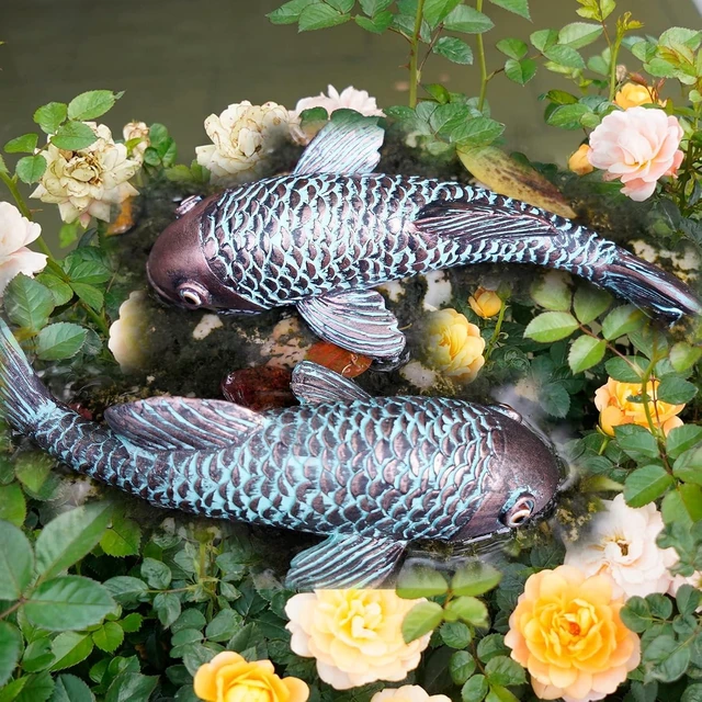Alt view image 2 of 7 - Set of 2 Antique Koi Fish Garden Sculptures & Statues, Yard Art Decor for Outdoors, Patio, Yard, Lawn, Pond & Home (Bronz)