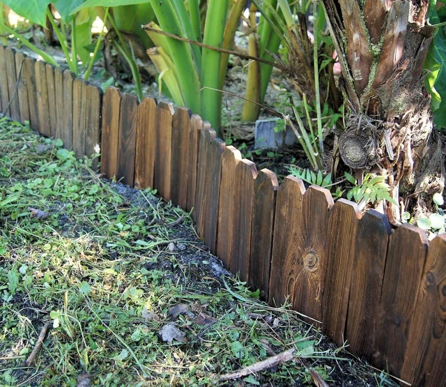 Alt view image 4 of 7 - Natural Wood Garden Edging for Landscaping Flat Panel Fence Border for Flower Beds, Decorative Stakes for Lawn & Pathway, 5.9 in H x 4.0 ft L (3 Pack)