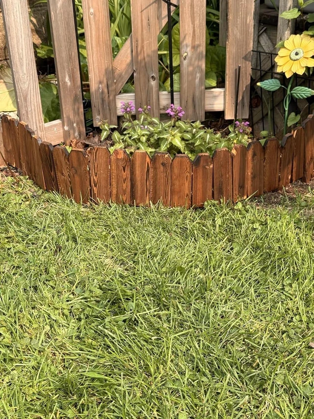 Alt view image 5 of 7 - Natural Wood Garden Edging for Landscaping Flat Panel Fence Border for Flower Beds, Decorative Stakes for Lawn & Pathway, 5.9 in H x 4.0 ft L (3 Pack)
