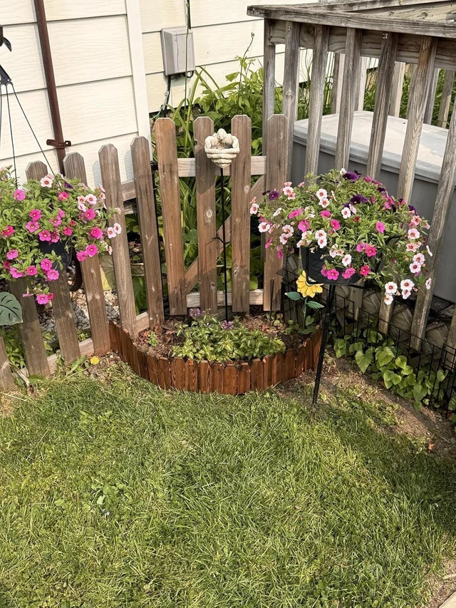 Alt view image 7 of 7 - Natural Wood Garden Edging for Landscaping Flat Panel Fence Border for Flower Beds, Decorative Stakes for Lawn & Pathway, 5.9 in H x 4.0 ft L (3 Pack)