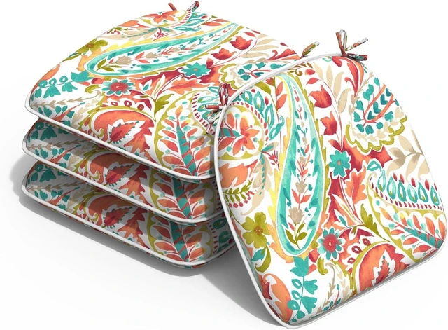 Main image of Set of 4 Water-Resistant Outdoor Chair Cushions with Ties, 16" x 17" Patio Seat Pads for Home Garden Furniture, Pretty Paisley