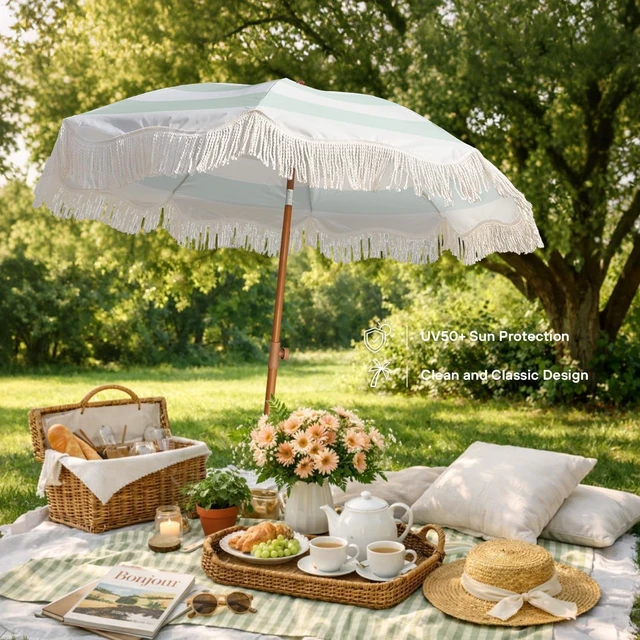 Alt view image 5 of 7 - 6.5ft Boho Fringe Outdoor Umbrella with Tassel