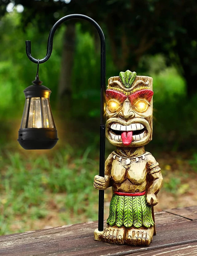 Alt view image 3 of 7 - 16.7" H Solar Tiki Garden Statue, Large Hawaiian Tiki Man Lantern Figurine for Patio, Yard, Lawn, Bar, Beach, Pool & Pond, Halloween Christmas Gifts