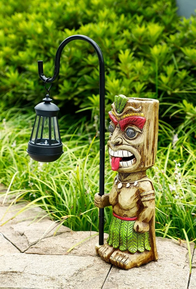 Alt view image 4 of 7 - 16.7" H Solar Tiki Garden Statue, Large Hawaiian Tiki Man Lantern Figurine for Patio, Yard, Lawn, Bar, Beach, Pool & Pond, Halloween Christmas Gifts