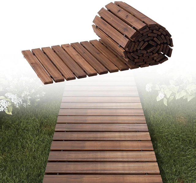 Main image of 12FT Roll-Out Wooden Garden Pathway, Decorative Non-Slip Patio Boardwalk for Backyard, Beach, Wedding & Party (Carbonized, Straight)