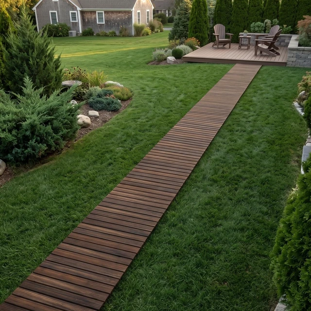 Alt view image 2 of 7 - 12FT Roll-Out Wooden Garden Pathway, Decorative Non-Slip Patio Boardwalk for Backyard, Beach, Wedding & Party (Carbonized, Straight)