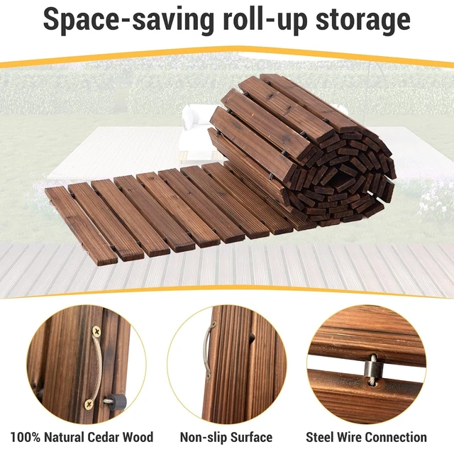 Alt view image 5 of 7 - 12FT Roll-Out Wooden Garden Pathway, Decorative Non-Slip Patio Boardwalk for Backyard, Beach, Wedding & Party (Carbonized, Straight)