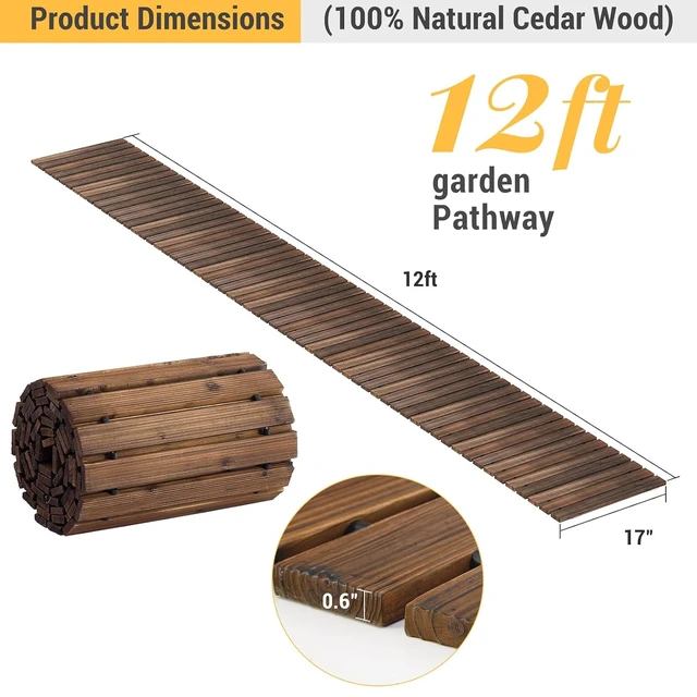 Alt view image 3 of 7 - 12FT Roll-Out Wooden Garden Pathway, Decorative Non-Slip Patio Boardwalk for Backyard, Beach, Wedding & Party (Carbonized, Straight)