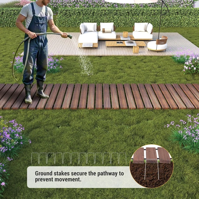 Alt view image 6 of 7 - 12FT Roll-Out Wooden Garden Pathway, Decorative Non-Slip Patio Boardwalk for Backyard, Beach, Wedding & Party (Carbonized, Straight)