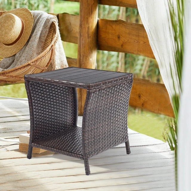 Main image of Small Rattan Wicker Outdoor Side Table with Poly Lumber Top & Storage, Coffee End Bistro Table for Patio, Balcony, Garden, Porch & Deck, Brown