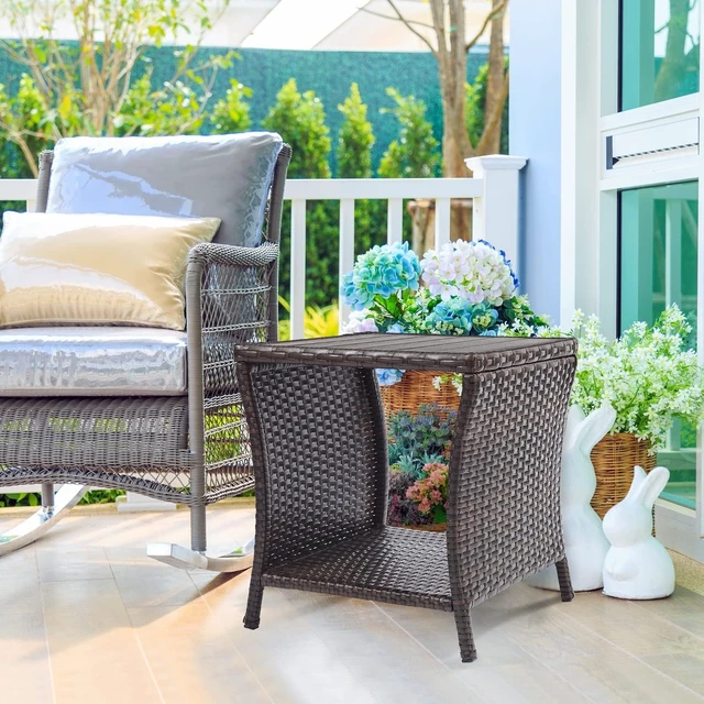 Alt view image 3 of 7 - Small Rattan Wicker Outdoor Side Table with Poly Lumber Top & Storage, Coffee End Bistro Table for Patio, Balcony, Garden, Porch & Deck, Brown