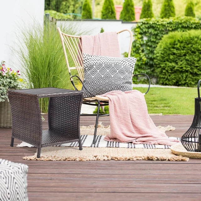 Alt view image 4 of 7 - Small Rattan Wicker Outdoor Side Table with Poly Lumber Top & Storage, Coffee End Bistro Table for Patio, Balcony, Garden, Porch & Deck, Brown