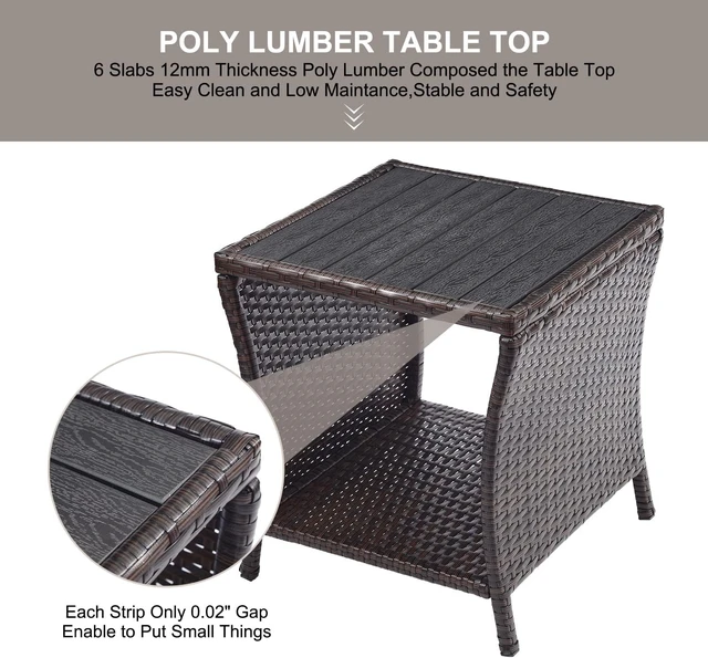 Alt view image 6 of 7 - Small Rattan Wicker Outdoor Side Table with Poly Lumber Top & Storage, Coffee End Bistro Table for Patio, Balcony, Garden, Porch & Deck, Brown