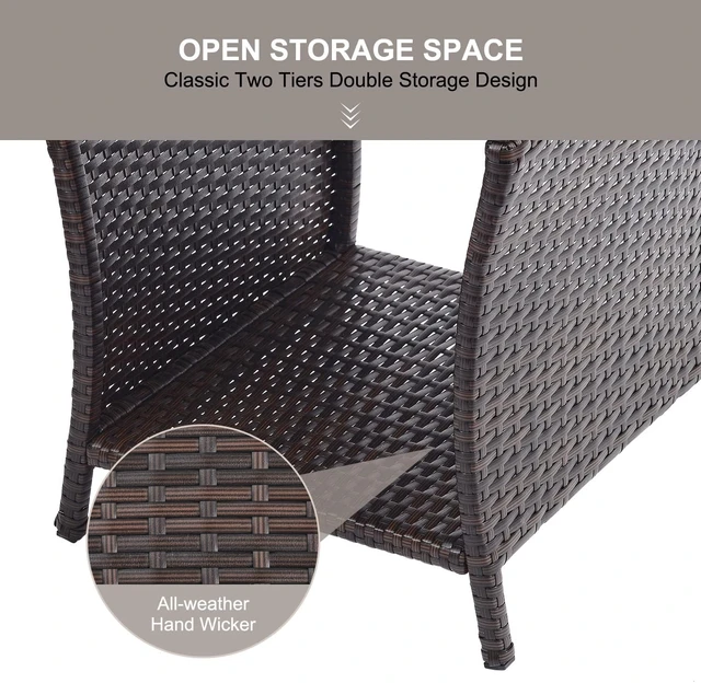 Alt view image 7 of 7 - Small Rattan Wicker Outdoor Side Table with Poly Lumber Top & Storage, Coffee End Bistro Table for Patio, Balcony, Garden, Porch & Deck, Brown