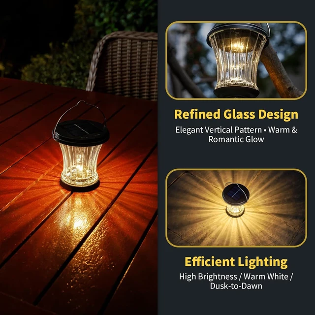 Alt view image 2 of 6 - Waterproof Glass Solar Lantern with Modular Design, 3000K LED Hanging/Table Lamp with Auto On/Off for Garden, Patio, Yard, Fence & Wall, Warm White (4 Pack)