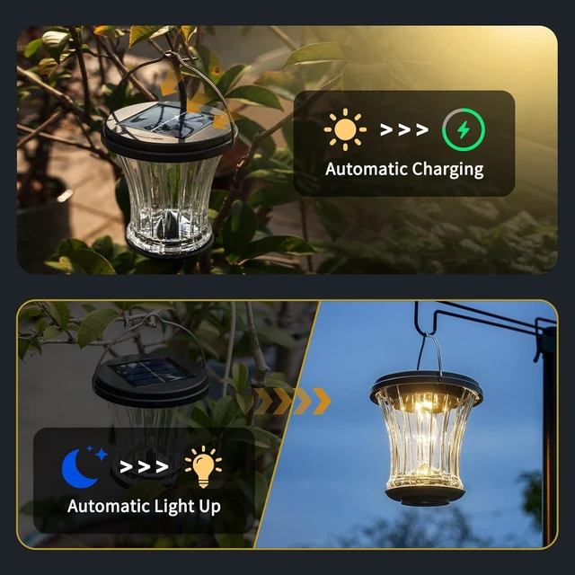 Alt view image 4 of 6 - Waterproof Glass Solar Lantern with Modular Design, 3000K LED Hanging/Table Lamp with Auto On/Off for Garden, Patio, Yard, Fence & Wall, Warm White (4 Pack)